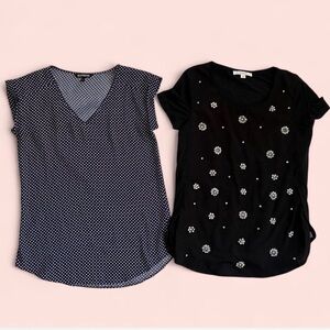 Lot of Two XS Short Sleeve Blouses 1. Polka Dot 2.Black with Rhinestones